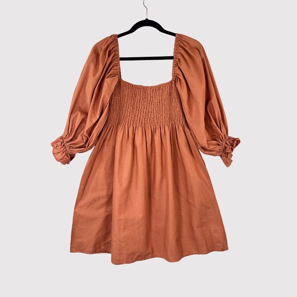 Kourt Portia Dress Orange Flax Smocked Mini Puff Sleeve A Line Babydoll Large - Picture 3 of 11